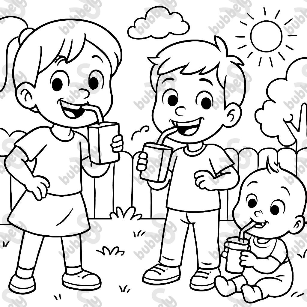 A little girl and her twin brother and 1 year old brother drinking juice. A little girl and her twin brother and 1 year old brother drinking juice.