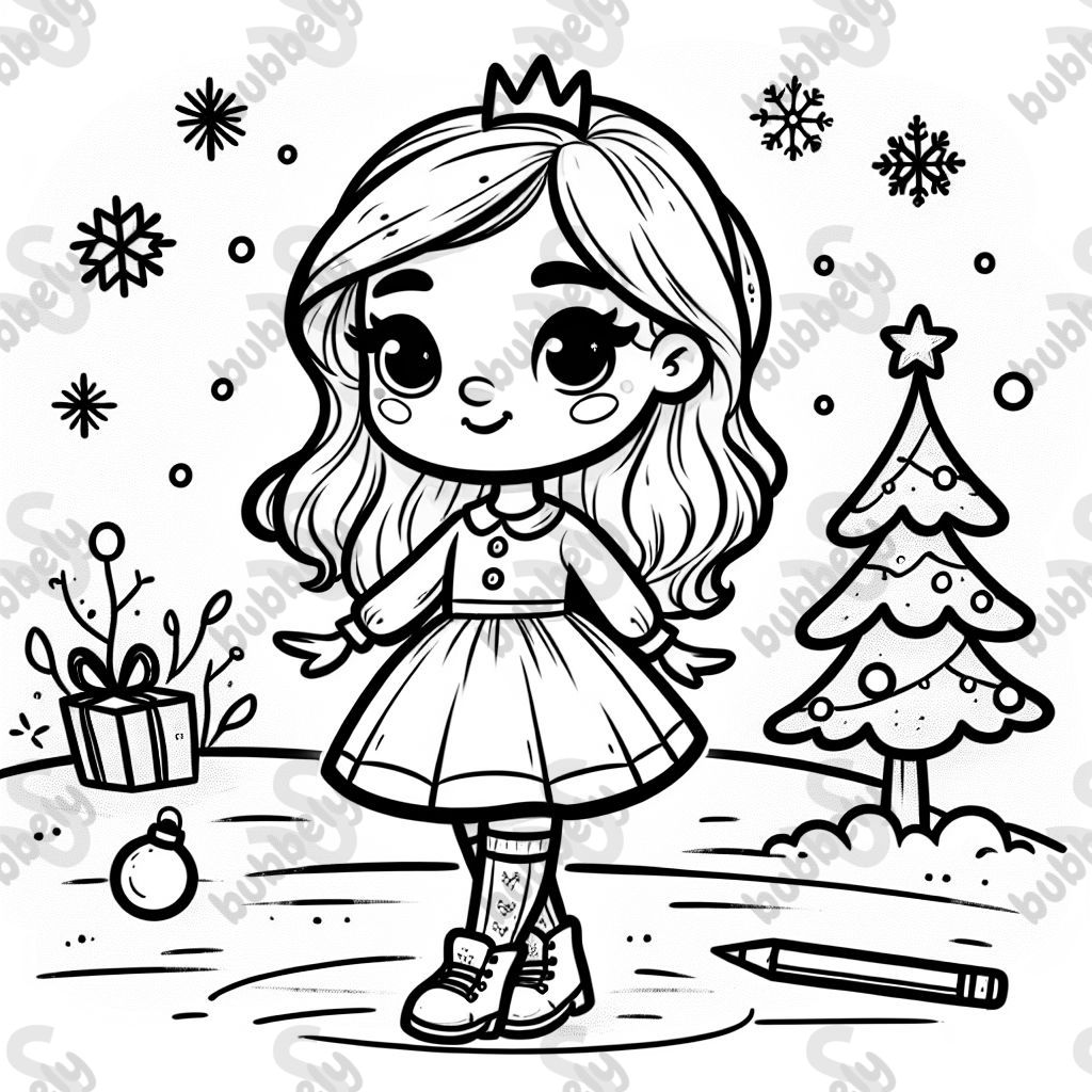 A blonde girl with medium length hair wearing a collared dress and white shoes in front of a Christmas themed background A blonde girl with medium length hair wearing a collared dress and white shoes in front of a Christmas themed background