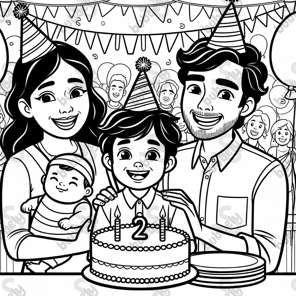 einen Jungen an seinem 2ten Geburtstag links neben ihm seine Mutter mit seiner Babyschwester rechts von ihm sein Papa