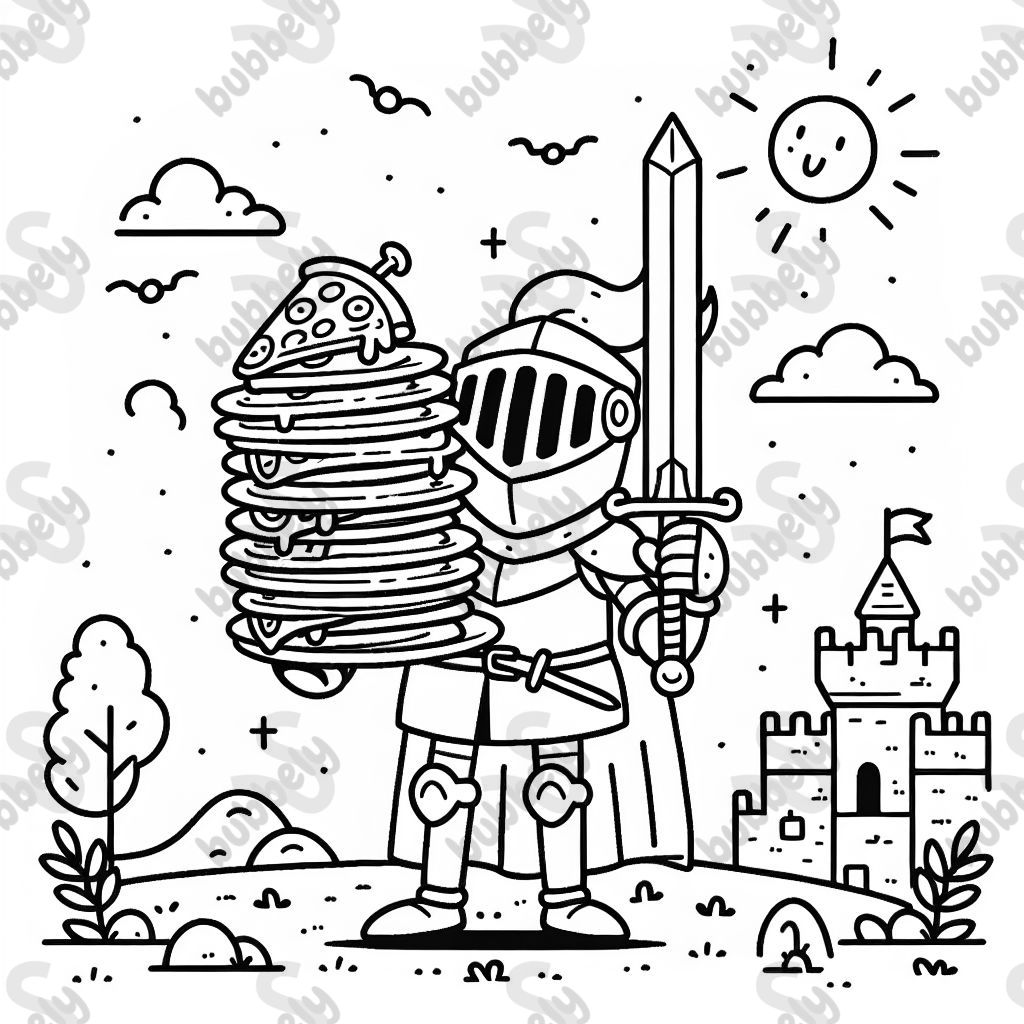 Un chevalier avec une épée et beaucoup de pizza. Un chevalier avec une épée et beaucoup de pizza.