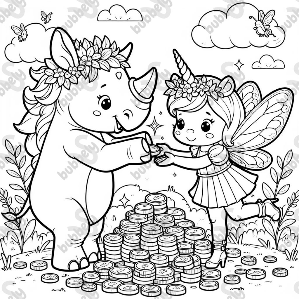 a rhinoceros taking gold from a unicorn fairy