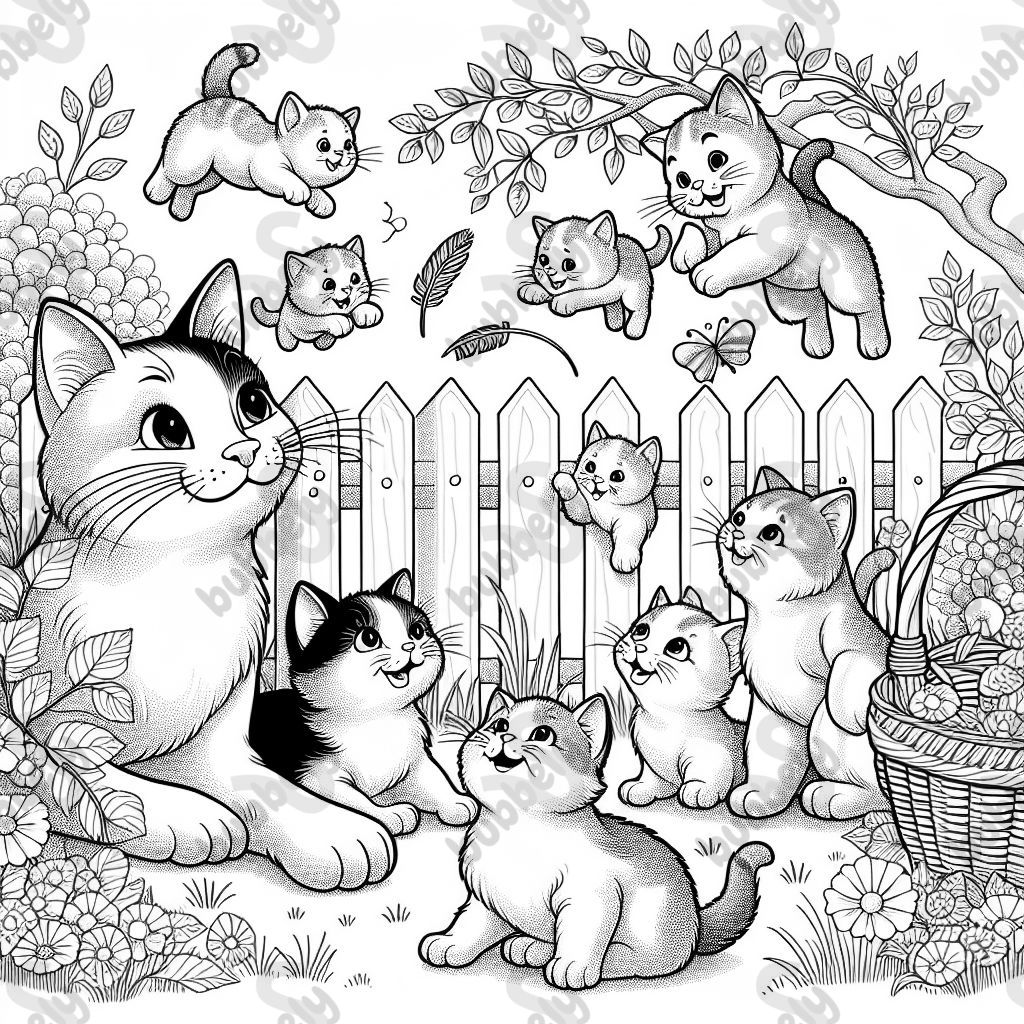 A mom and dad cat with their four babies