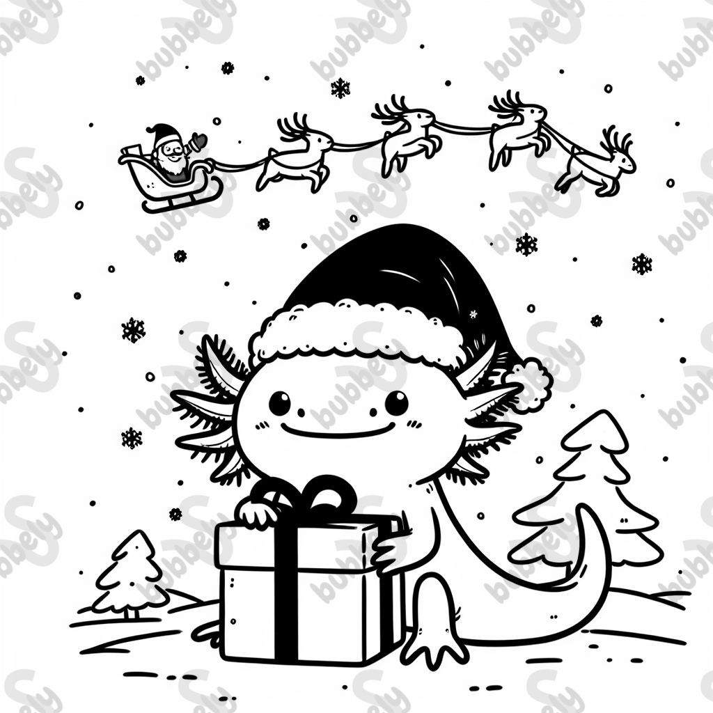 an axolotl wearing a santa hat and holding a present, while it's snowing, and santa's sleigh is in the sky an axolotl wearing a santa hat and holding a present, while it's snowing, and santa's sleigh is in the sky