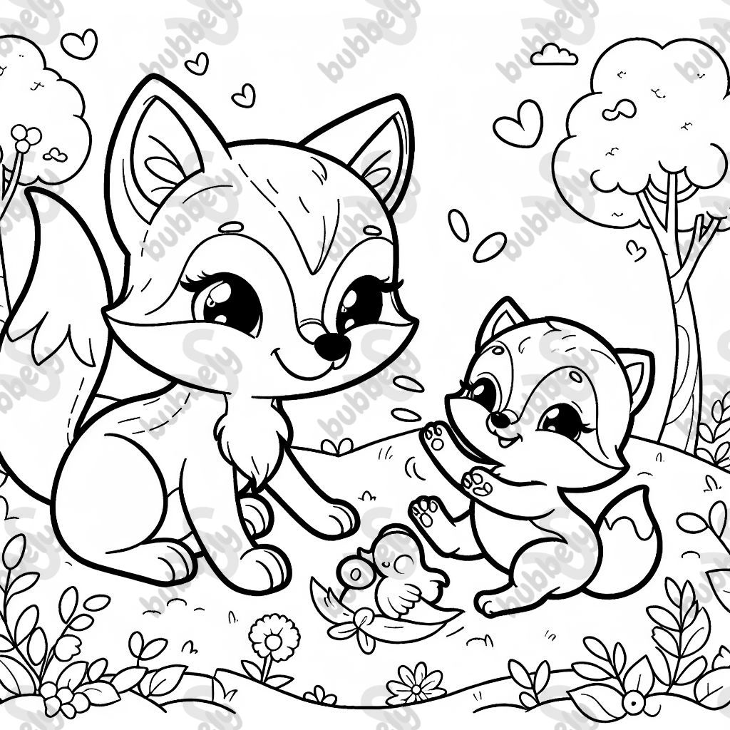 un zorrito y una mamá zorra jugando juntos.