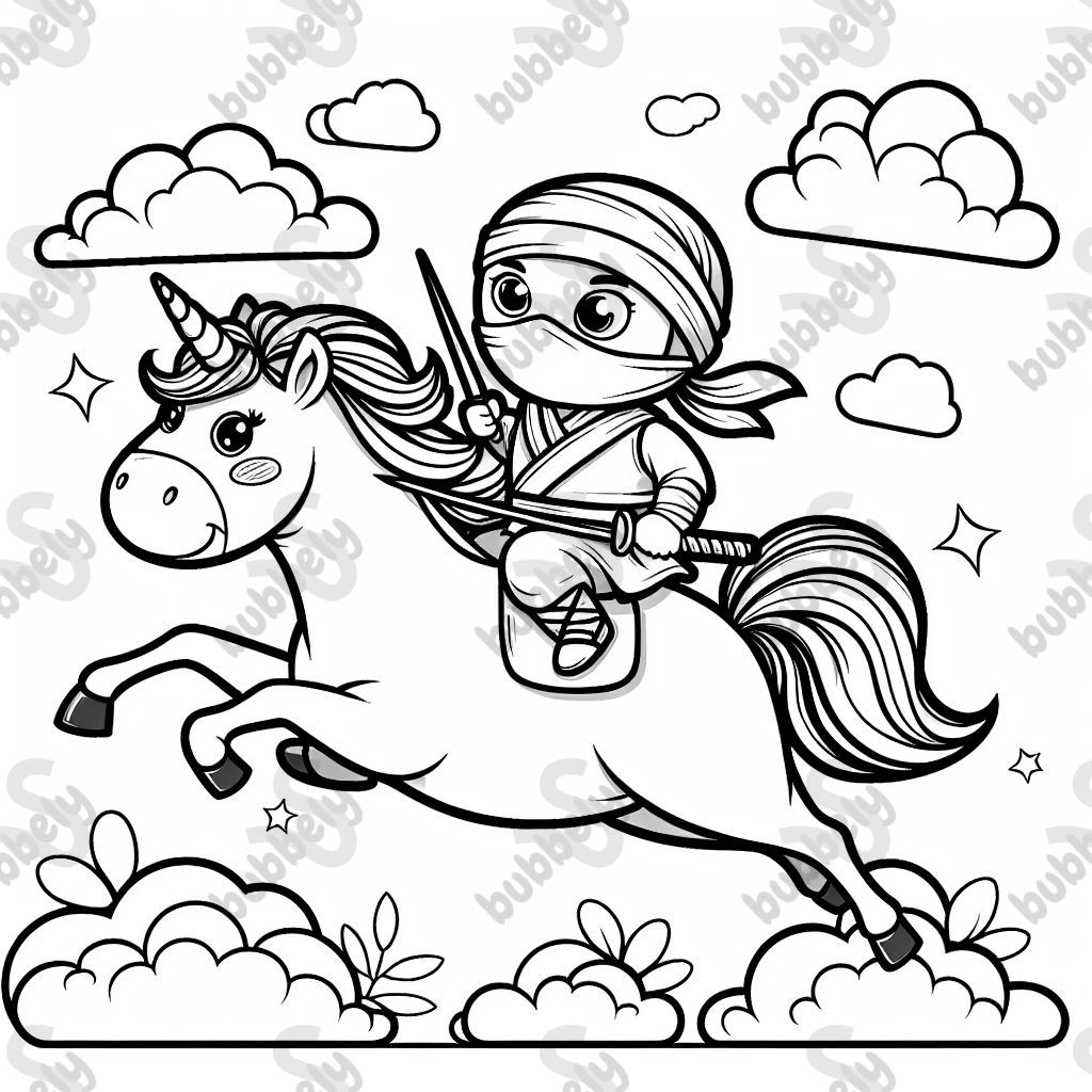 Ein Ninja reitet auf einem Einhorn
