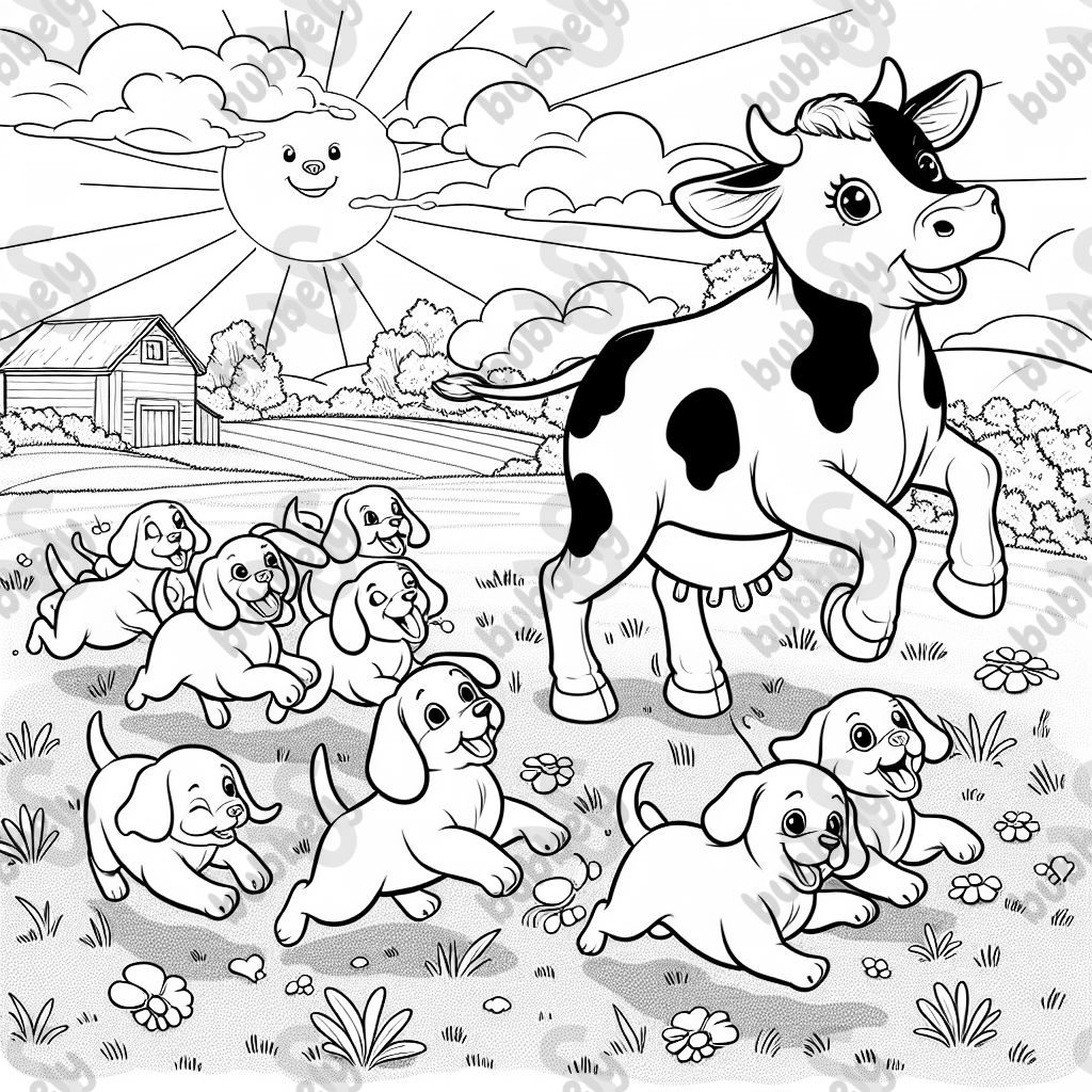 Dogs with a Hilyn cow, creating a delightful and friendly scene for children to color. Dogs with a Hilyn cow, creating a delightful and friendly scene for children to color.