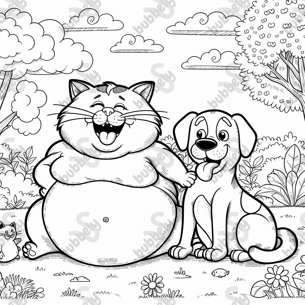 A fat cat and dog in a colorful coloring page. A fat cat and dog in a colorful coloring page.
