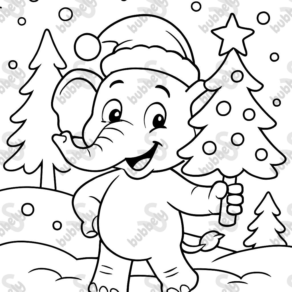 An elephant with a Christmas hat and a Christmas tree in hand An elephant with a Christmas hat and a Christmas tree in hand