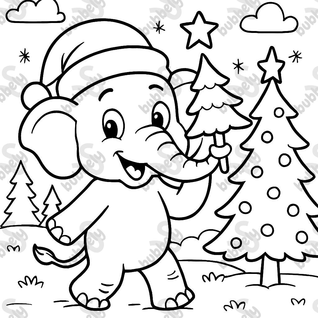 An elephant with a Christmas hat holding a Christmas tree in its trunk An elephant with a Christmas hat holding a Christmas tree in its trunk