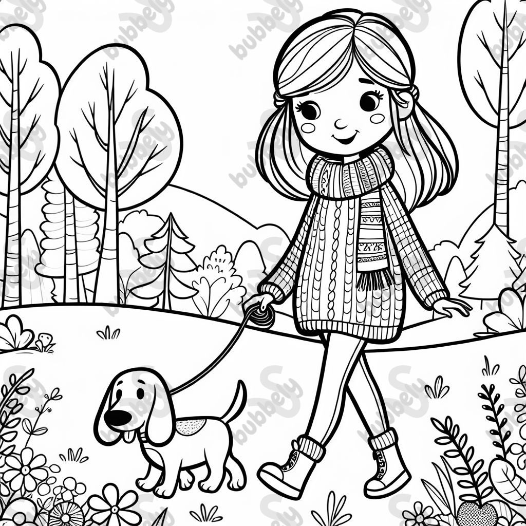 A woman with light brown hair in a sweater and jeans, walking her wiener dog through the woods.