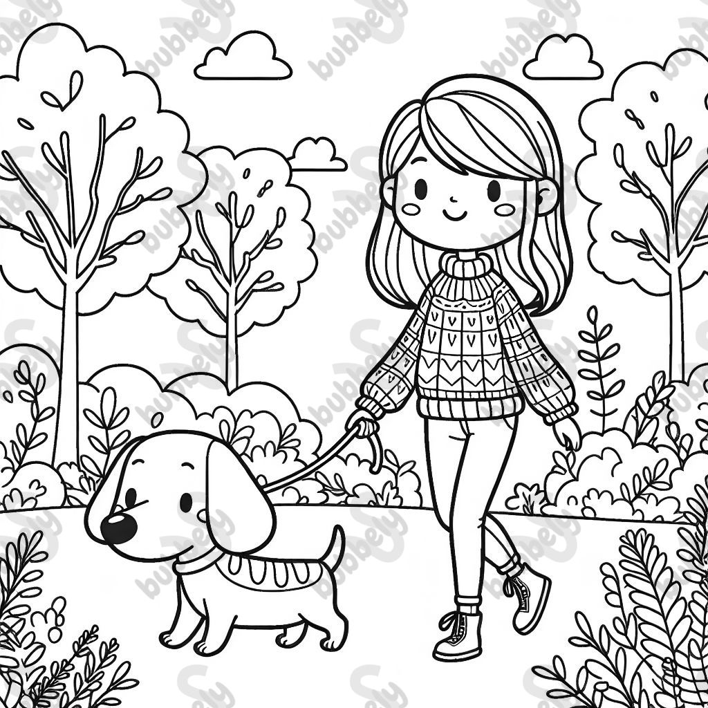A woman with light brown hair wearing a sweater and jeans, walking her wiener dog through the woods. A woman with light brown hair wearing a sweater and jeans, walking her wiener dog through the woods.