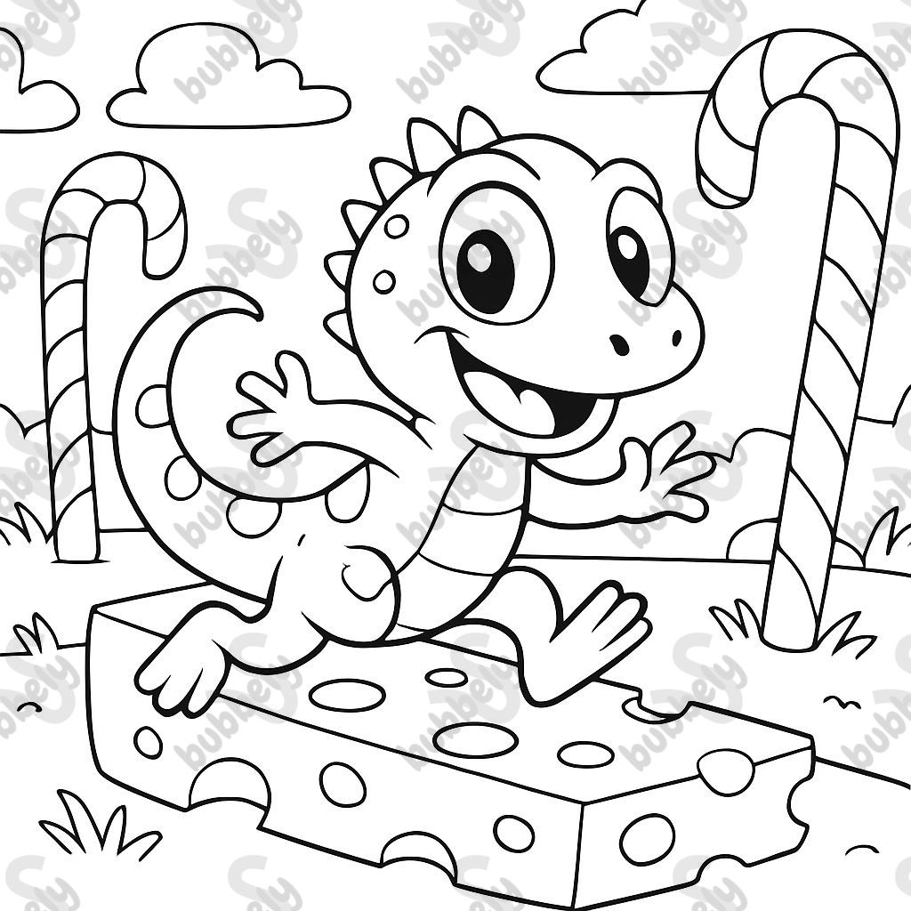 a lizard running on a path of cheese through field candy canes a lizard running on a path of cheese through field candy canes