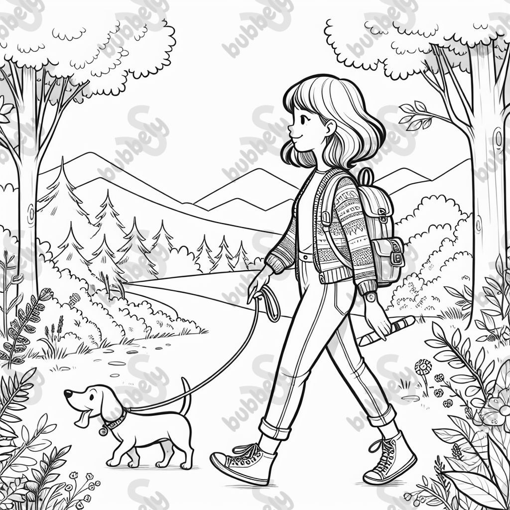 A woman with jeans and a sweater with medium length light brown hair walking her wiener dog through the woods. She has a backpack on. A woman with jeans and a sweater with medium length light brown hair walking her wiener dog through the woods. She has a backpack on.