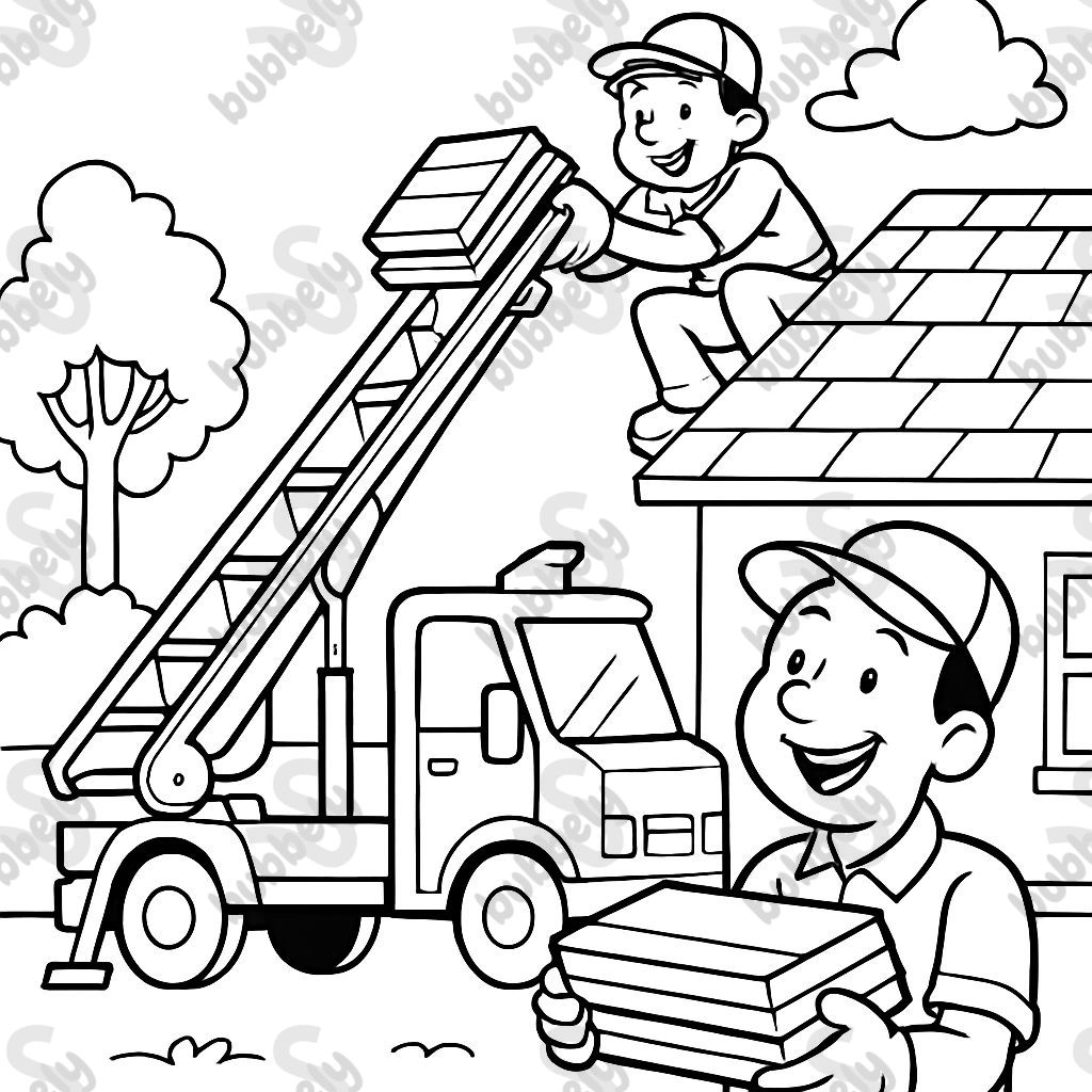 Two people delivering shingles with a roofing conveyor truck. Two people delivering shingles with a roofing conveyor truck.