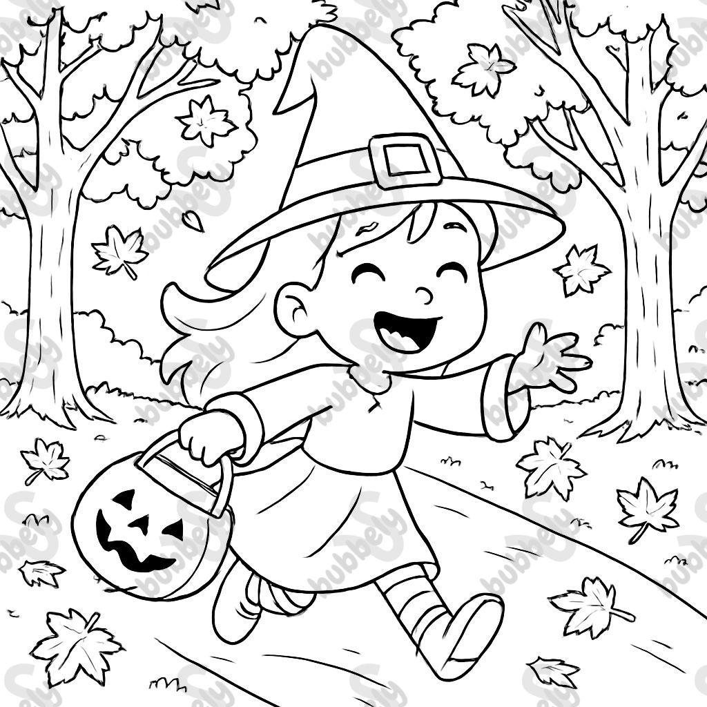 A little girl dressed as a witch trick-or-treating down a maple tree lined road. A little girl dressed as a witch trick-or-treating down a maple tree lined road.