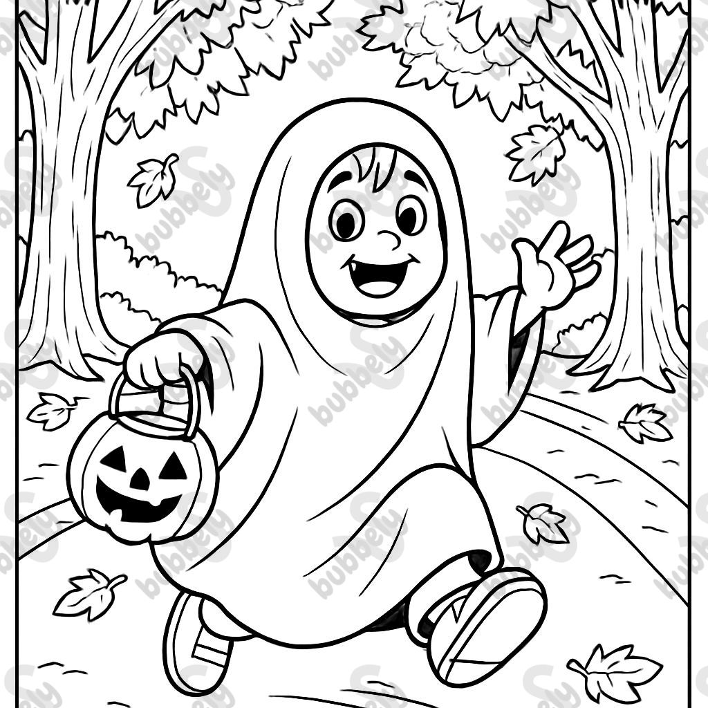 Un petit garçon déguisé en fantôme fait du porte-à-porte le long d'une route bordée de pommiers. Un petit garçon déguisé en fantôme fait du porte-à-porte le long d'une route bordée de pommiers.