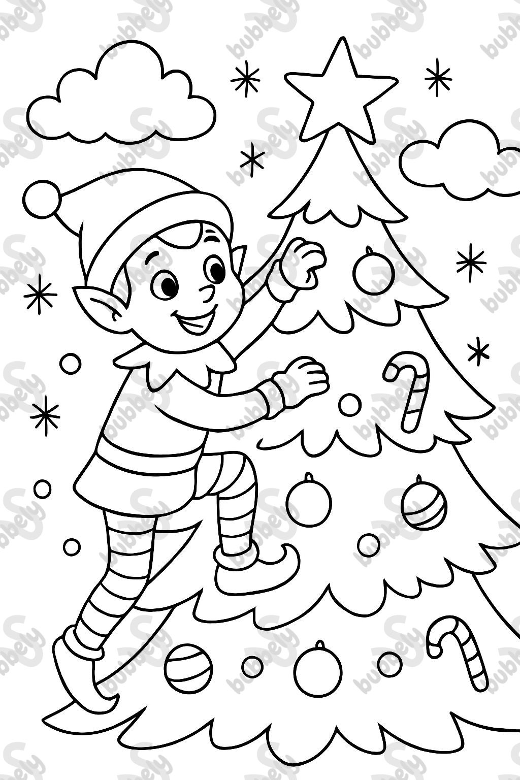 Un elfe sur une étagère grimpant un arbre de Noël Un elfe sur une étagère grimpant un arbre de Noël