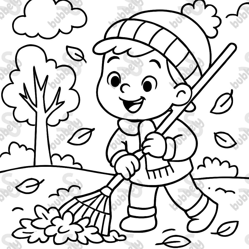 Page de coloriage pour la maternelle, art linéaire noir et blanc. Un enfant rassemblant joyeusement un petit tas de feuilles. Grandes formes, lignes simples, thème d'automne mignon. Page de coloriage pour la maternelle, art linéaire noir et blanc. Un enfant rassemblant joyeusement un petit tas de feuilles. Grandes formes, lignes simples, thème d'automne mignon.