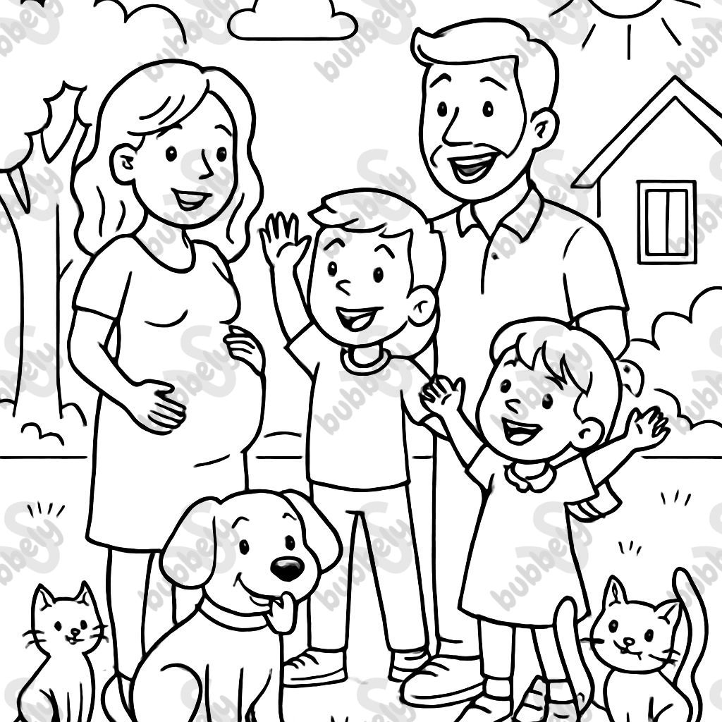 A family with a pregnant mom, a dad, a big boy, a little girl, a dog, and two cats. A family with a pregnant mom, a dad, a big boy, a little girl, a dog, and two cats.