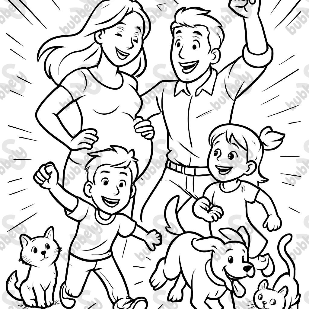 A family: pregnant mom, dad, big kid, little girl, a dog, and two cats. A family: pregnant mom, dad, big kid, little girl, a dog, and two cats.