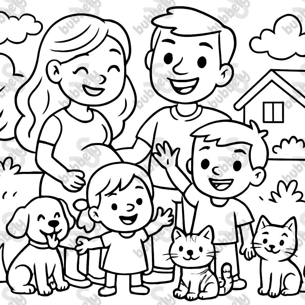 A family with a pregnant mom, a dad, a big boy, a little girl, a dog, and two cats. A family with a pregnant mom, a dad, a big boy, a little girl, a dog, and two cats.