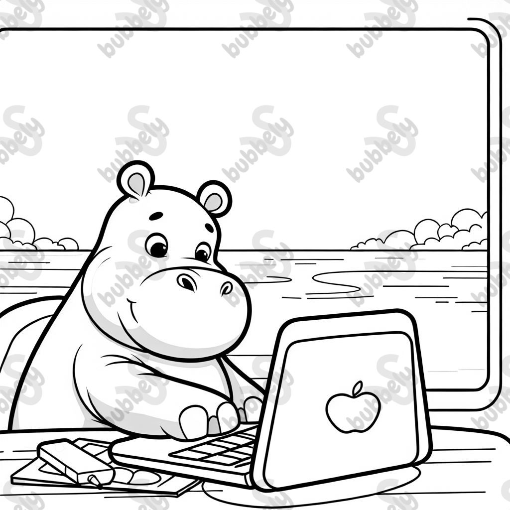 Un hippopotame étudiant avec son ordinateur portable. Un hippopotame étudiant avec son ordinateur portable.