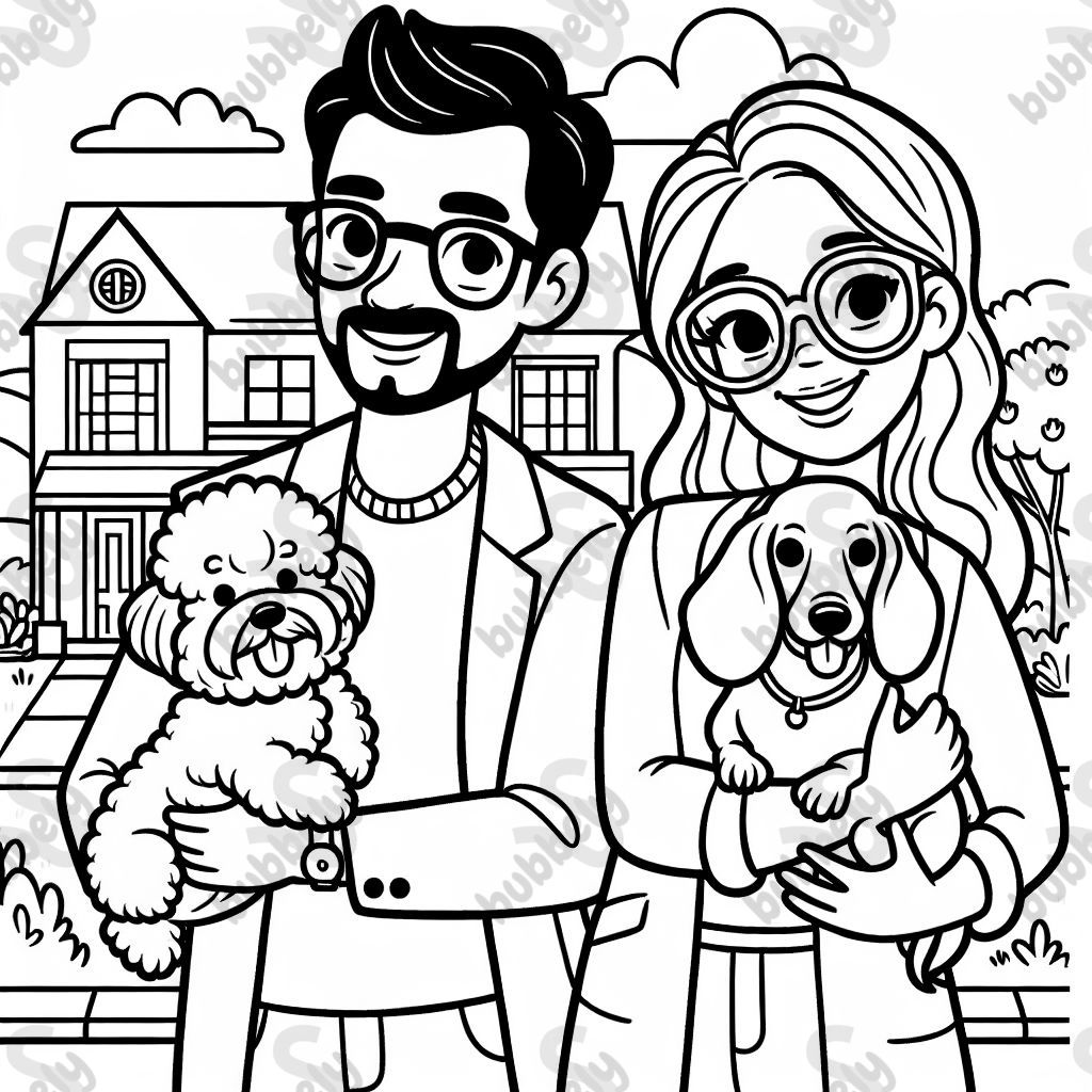 A Hispanic couple, both wearing glasses, posing for a picture in front of a house. The man is holding a bichon frise in his arms, and the woman is holding a dachshund in her arms.