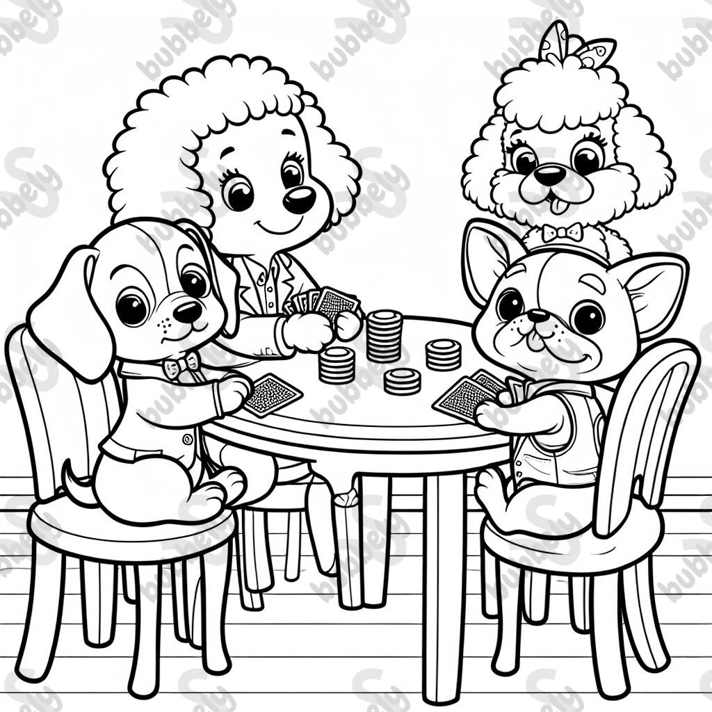 Ein Dackel, ein Bichon Frise und ein Boston Terrier spielen Poker an einem Küchentisch. Ein Dackel, ein Bichon Frise und ein Boston Terrier spielen Poker an einem Küchentisch.