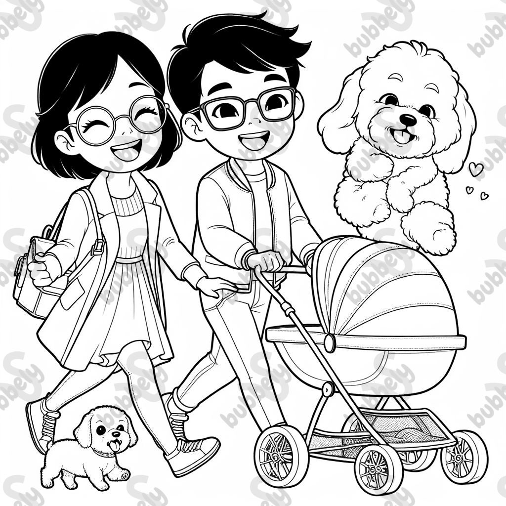A young Hispanic couple wearing glasses pushing their bichon frise and dachshund in a stroller outside. A young Hispanic couple wearing glasses pushing their bichon frise and dachshund in a stroller outside.