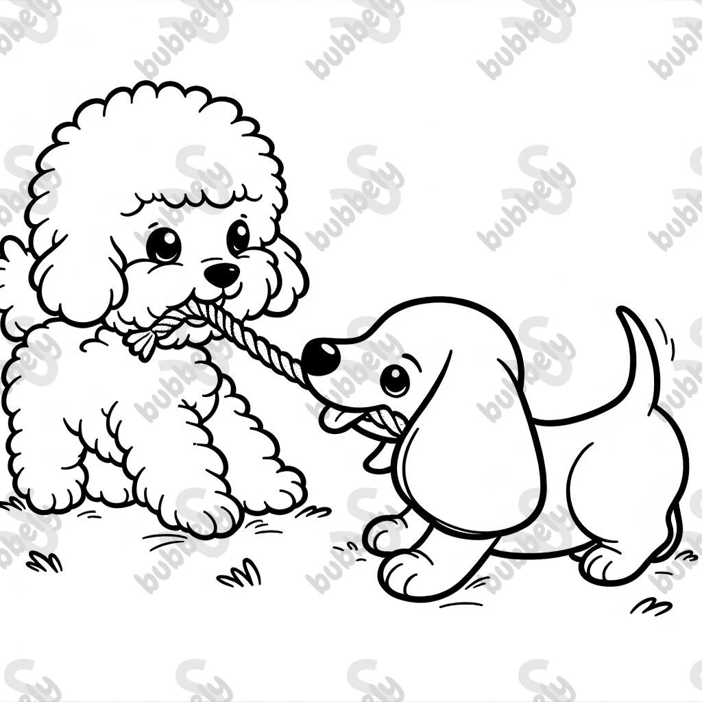 A bichon frise playing tug of war with a dachshund. A bichon frise playing tug of war with a dachshund.