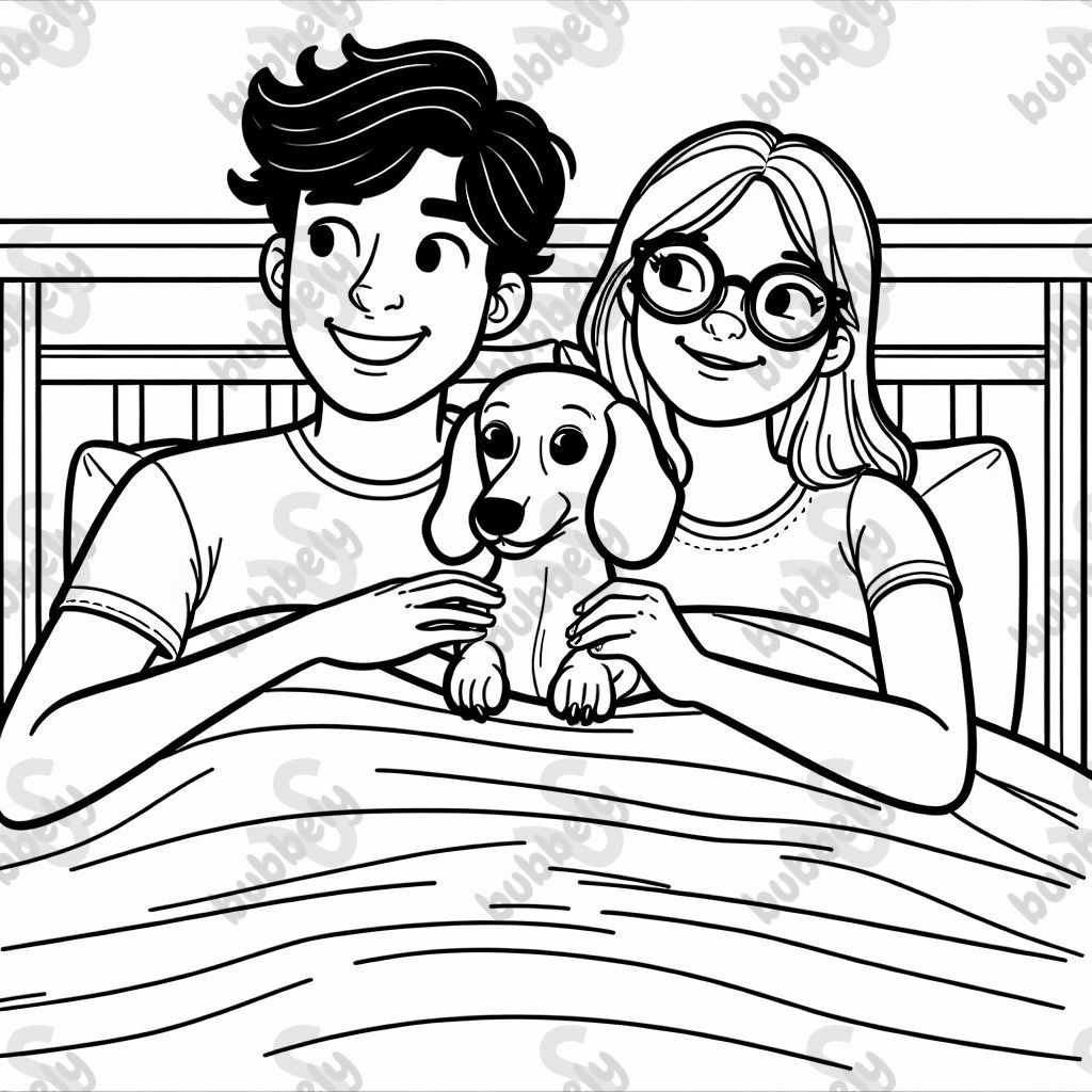 Un teckel allongé entre un jeune couple hispanique, qui porte tous les deux des lunettes, au lit. Un teckel allongé entre un jeune couple hispanique, qui porte tous les deux des lunettes, au lit.