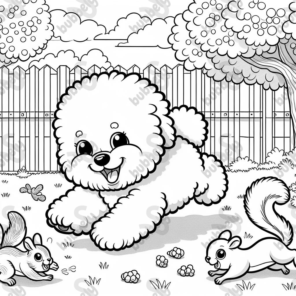 Ein Bichon Frise, der im Garten Eichhörnchen chase. Ein Bichon Frise, der im Garten Eichhörnchen chase.