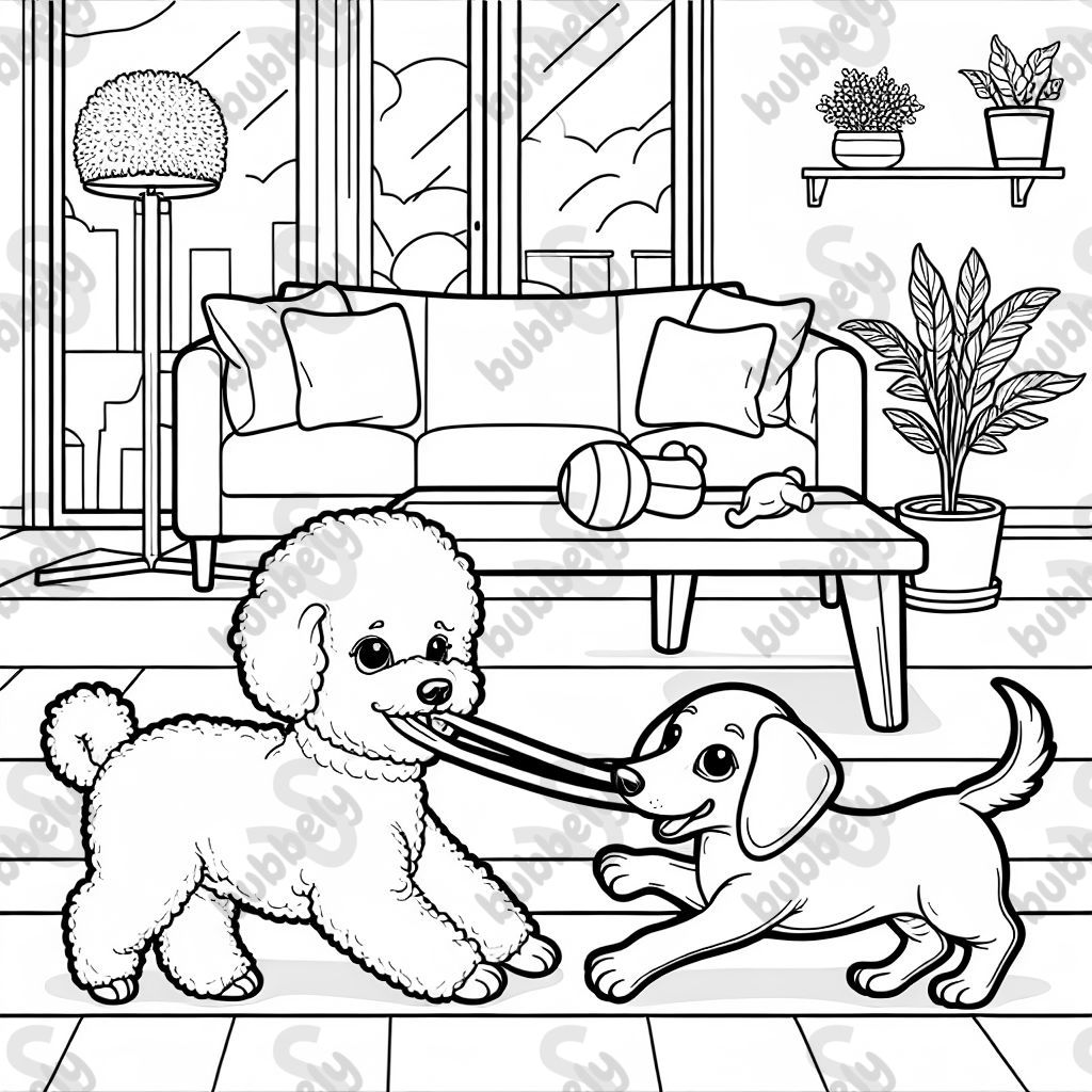A bichon frise and a dachshund playing tug of war in a living room A bichon frise and a dachshund playing tug of war in a living room