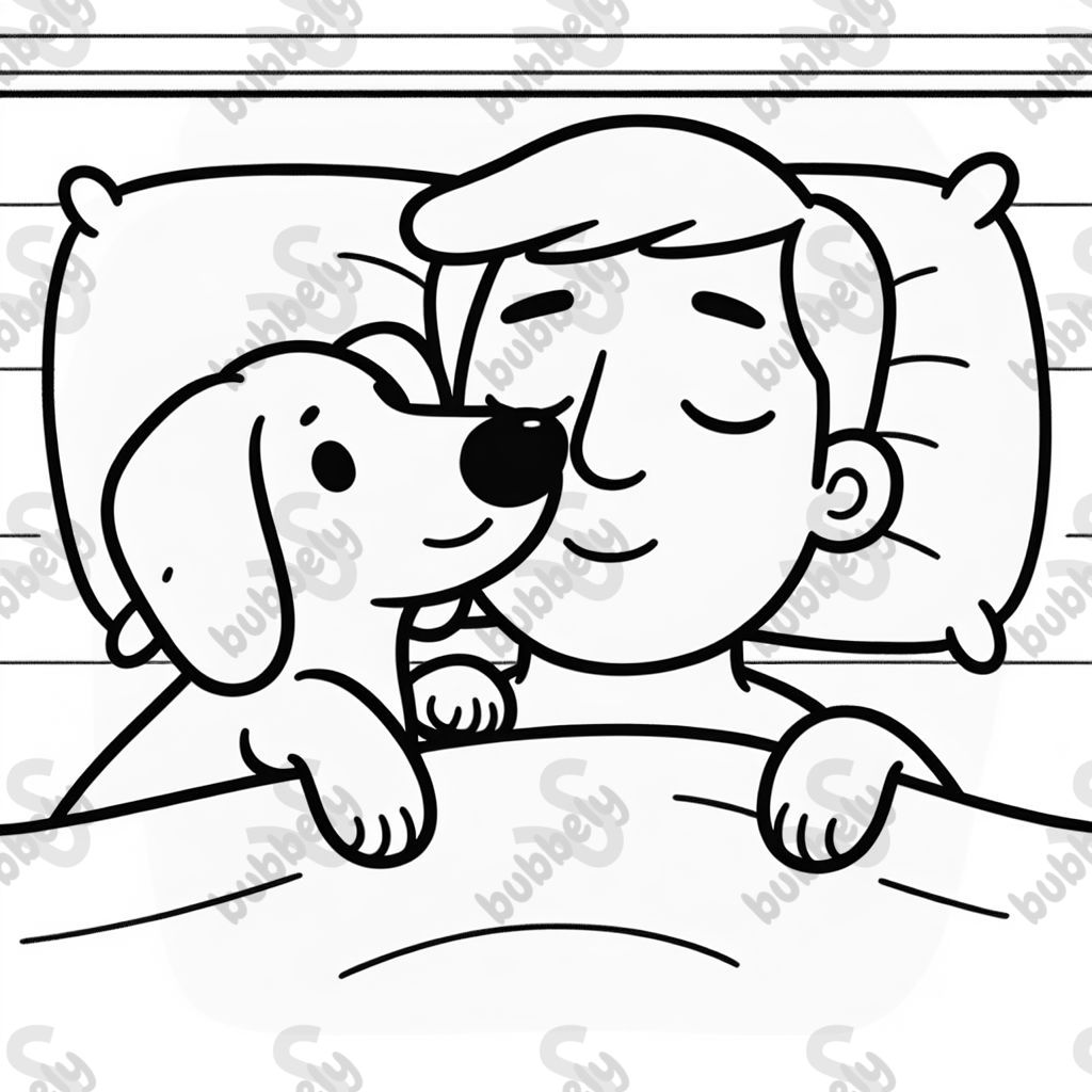 A dachshund resting her head on a Hispanic man's face in bed. A dachshund resting her head on a Hispanic man's face in bed.
