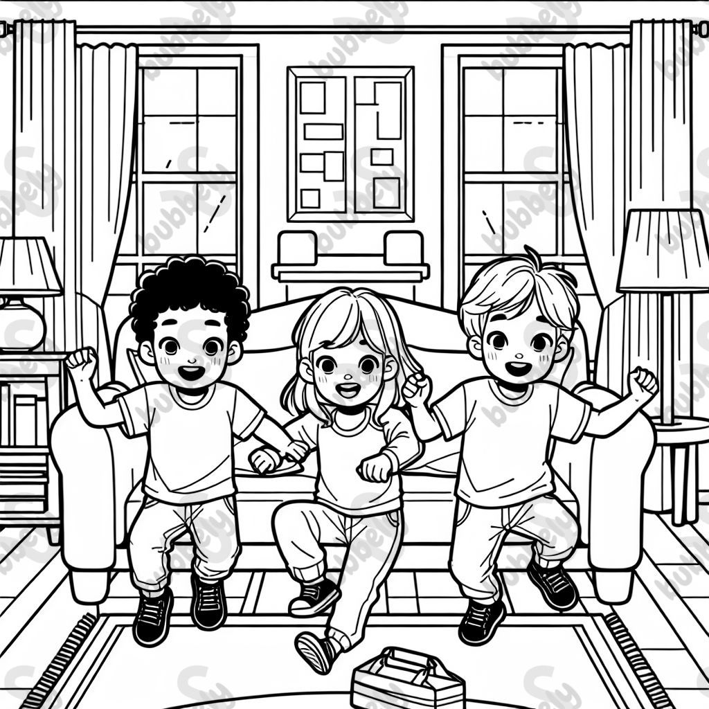 Des triplés métis de 13 ans, deux garçons et une fille, jouant dans un salon.