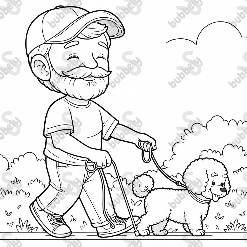 An older Hispanic man with a goatee and wearing a baseball hat, white shirt, and jeans walking a bichon frise outside. An older Hispanic man with a goatee and wearing a baseball hat, white shirt, and jeans walking a bichon frise outside.