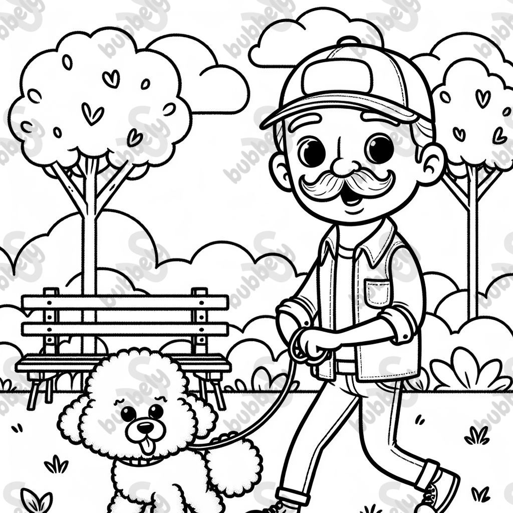 An older Hispanic man with a goatee wearing a baseball hat walking a bichon frise outside. An older Hispanic man with a goatee wearing a baseball hat walking a bichon frise outside.