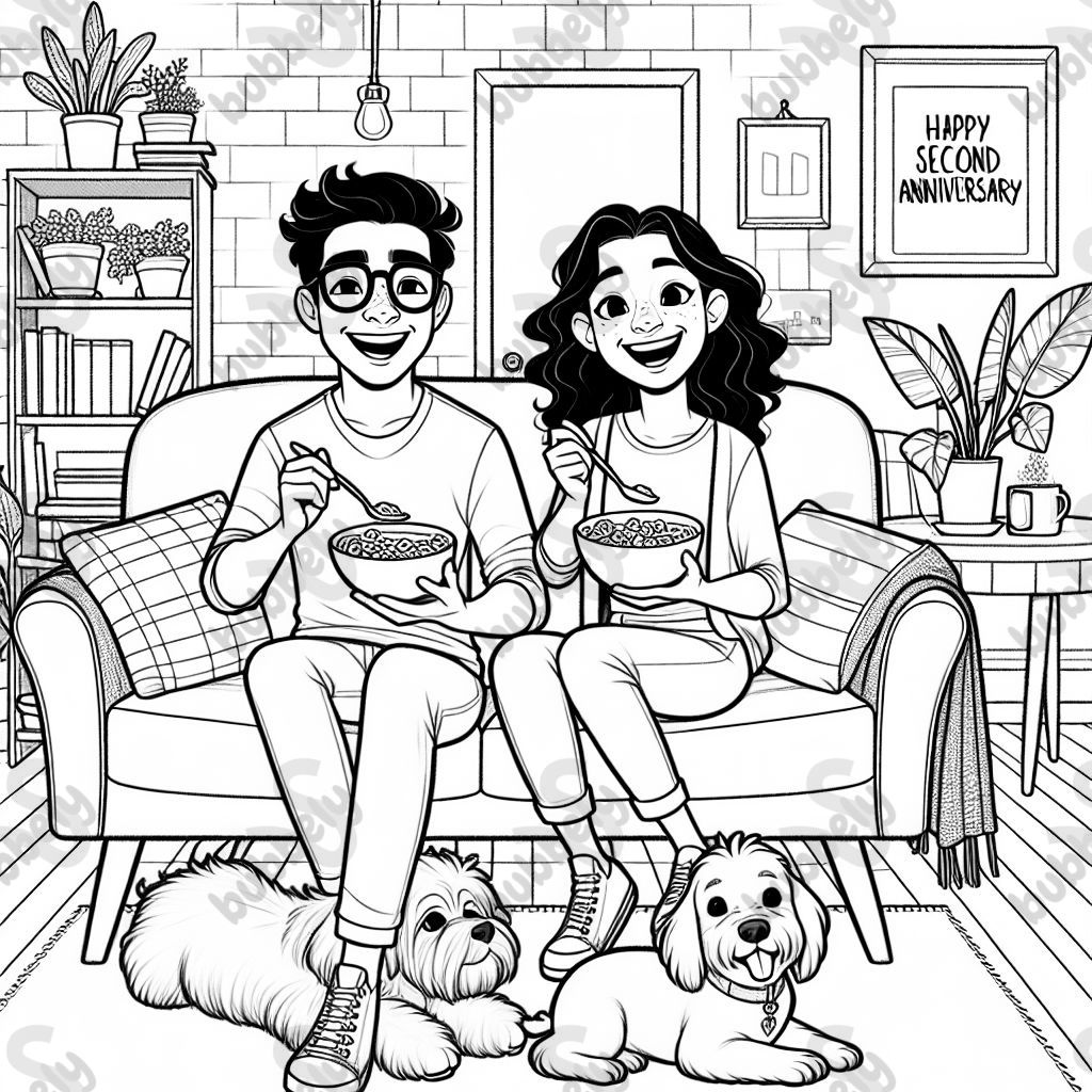 A Hispanic couple wearing glasses sitting on a couch eating cereal with a bichon frise to the left and a dachshund to the right with a title that says 'Happy Second Anniversary'. A Hispanic couple wearing glasses sitting on a couch eating cereal with a bichon frise to the left and a dachshund to the right with a title that says 'Happy Second Anniversary'.