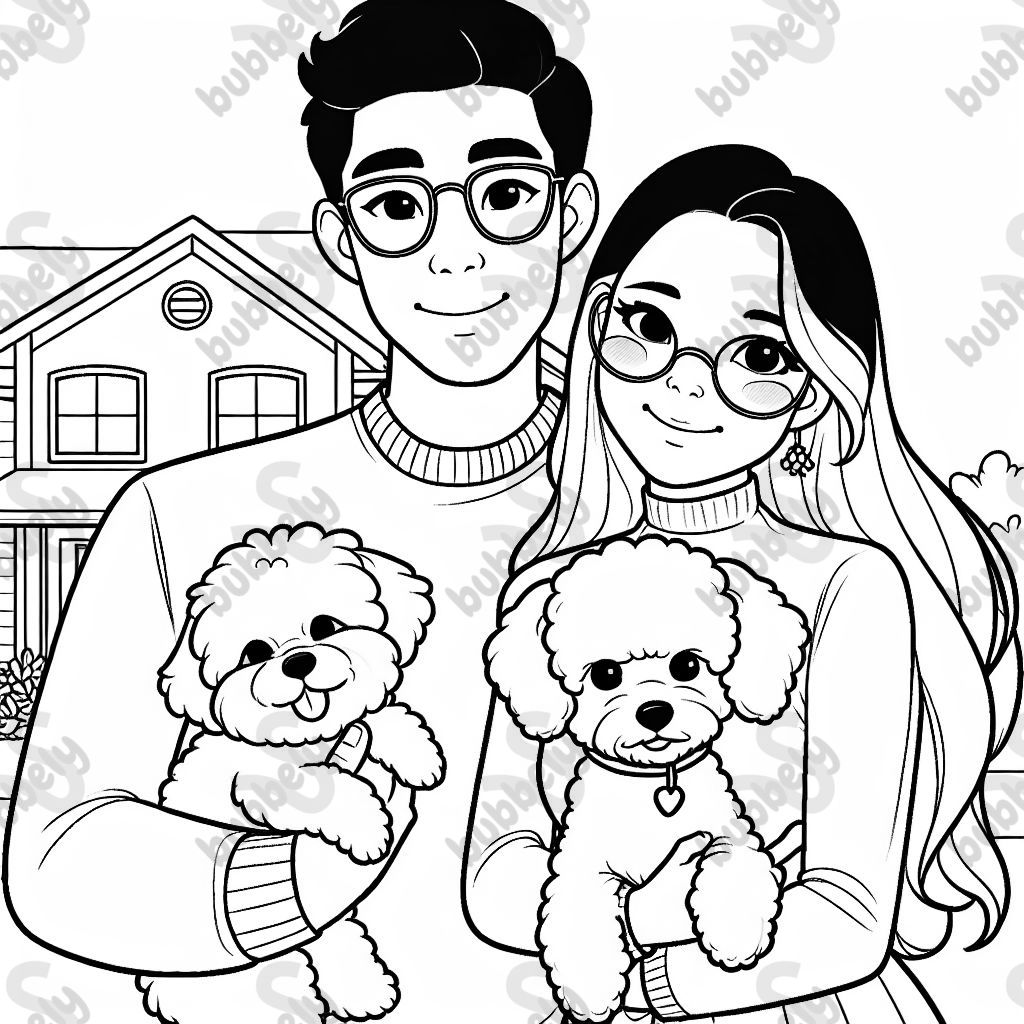 Ein hispanisches Paar, beide mit Brille, poses für ein Foto vor einem Haus. Der Mann hält einen Bichon Frise in seinen Armen und die Frau hält einen Dackel in ihren Armen.