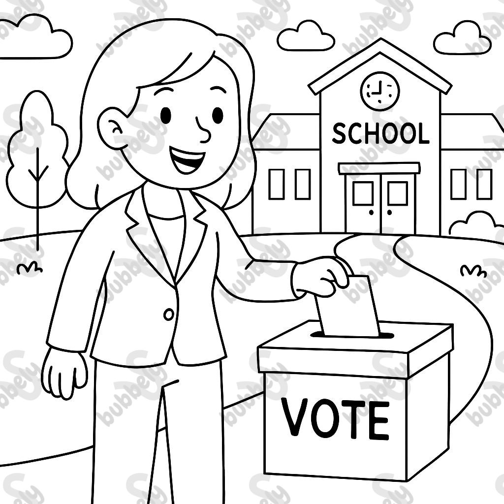 Une femme portant un costume-pantalon et votant devant une école. Une femme portant un costume-pantalon et votant devant une école.