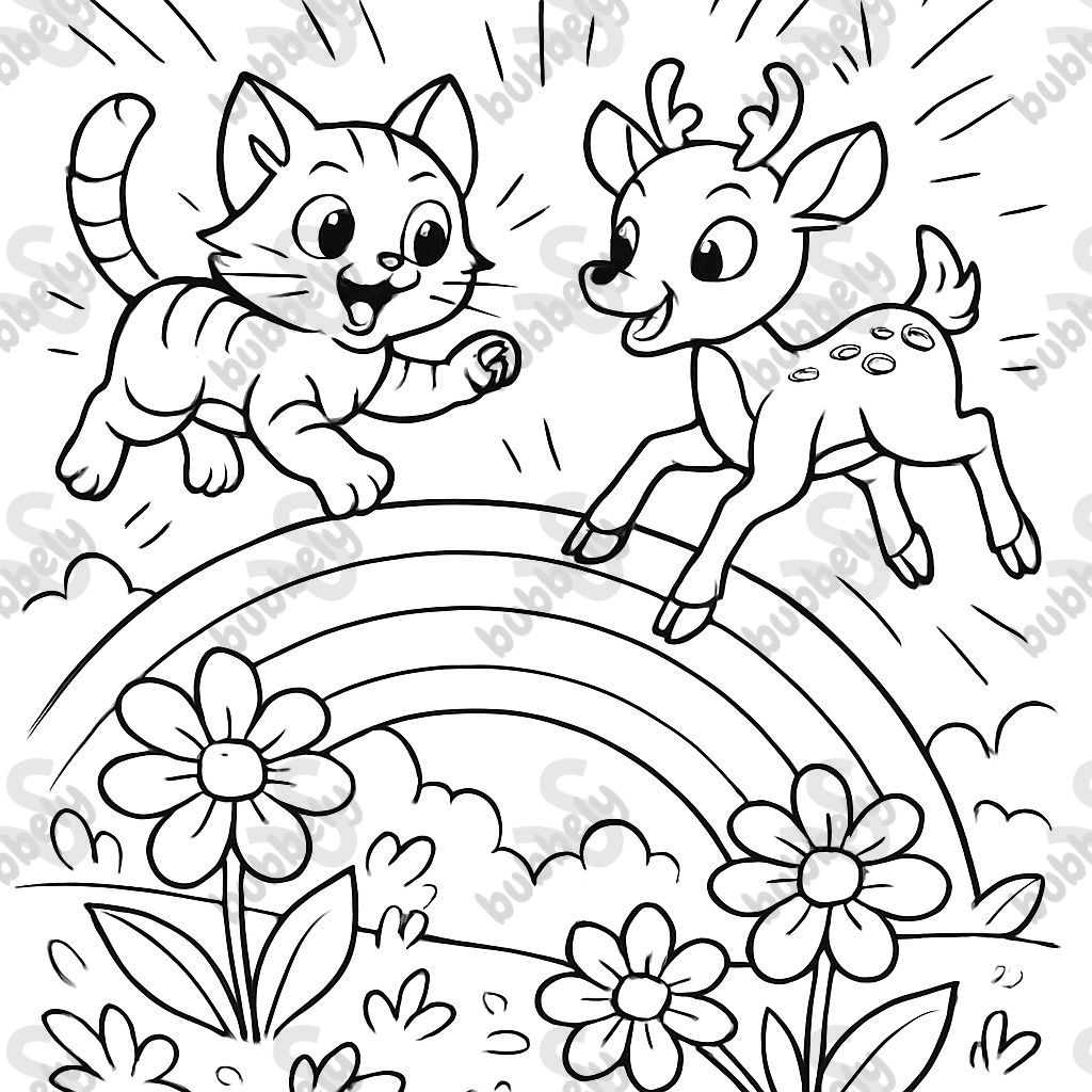 un chaton et un cerf jouant sur un arc-en-ciel au-dessus d'un jardin un chaton et un cerf jouant sur un arc-en-ciel au-dessus d'un jardin