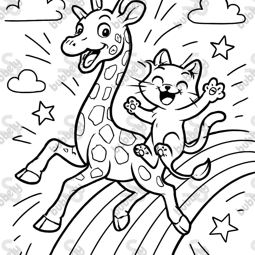Giraffe und Kätzchen spielen auf einem Regenbogen Giraffe und Kätzchen spielen auf einem Regenbogen