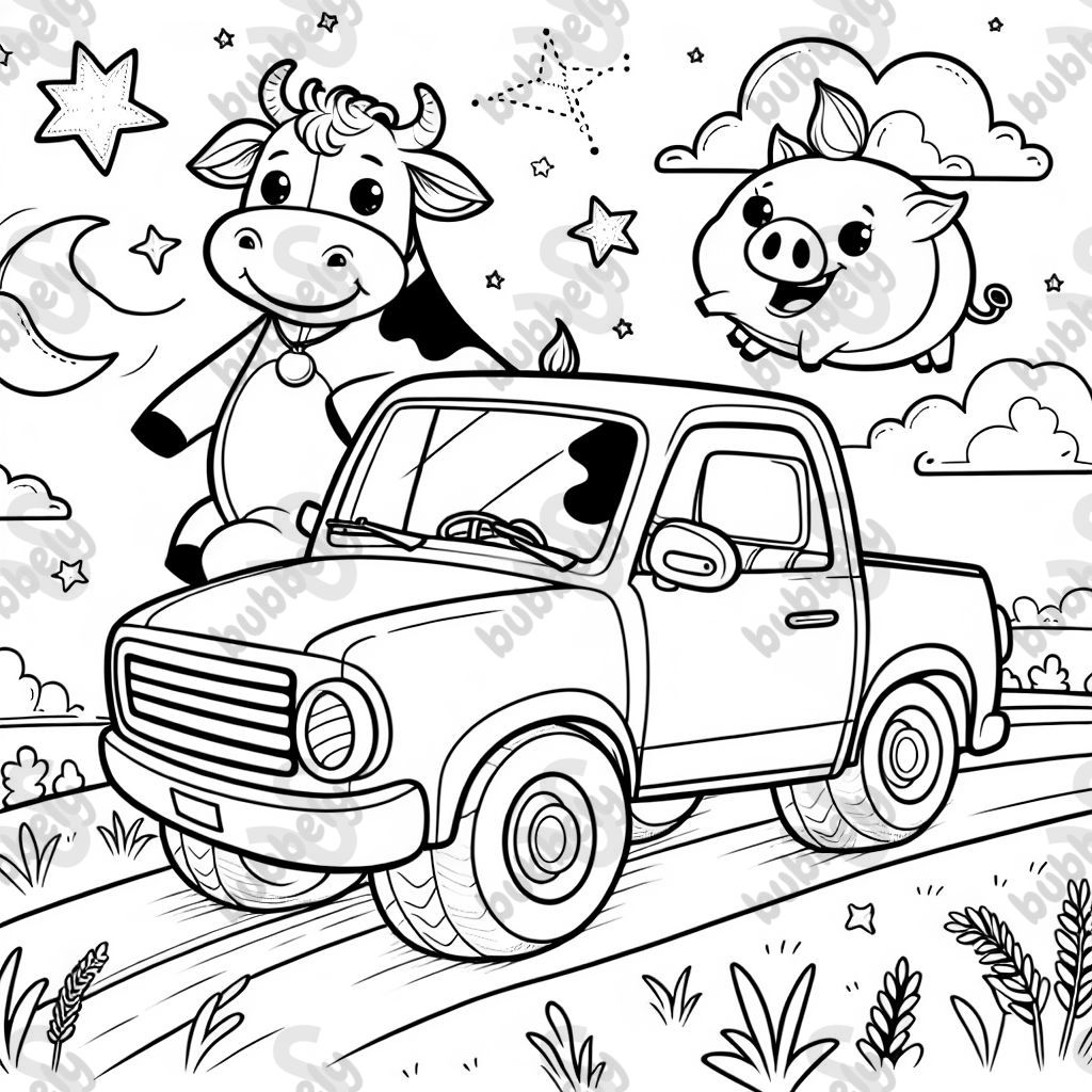 Une vache conduisant une camionnette avec un cochon à proximité. Une vache conduisant une camionnette avec un cochon à proximité.