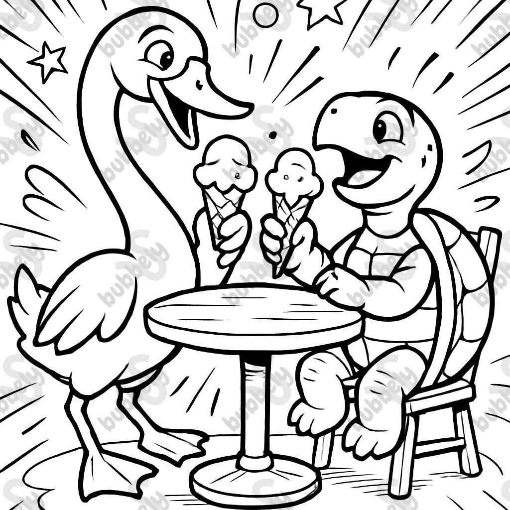 A swan and a turtle eating ice cream at a table. A swan and a turtle eating ice cream at a table.
