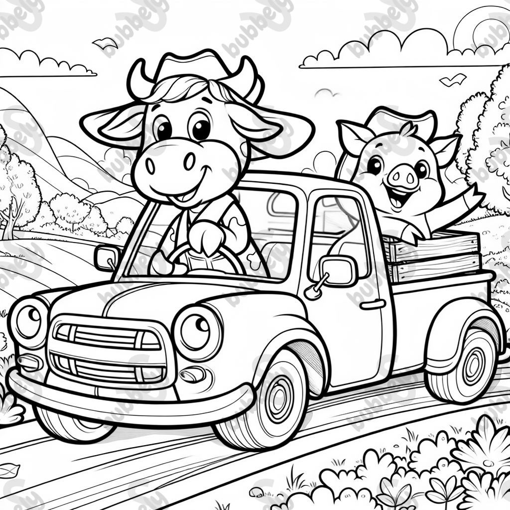 A cow driving a pickup truck with a pig. A fun and colorful scene for kids to color. A cow driving a pickup truck with a pig. A fun and colorful scene for kids to color.