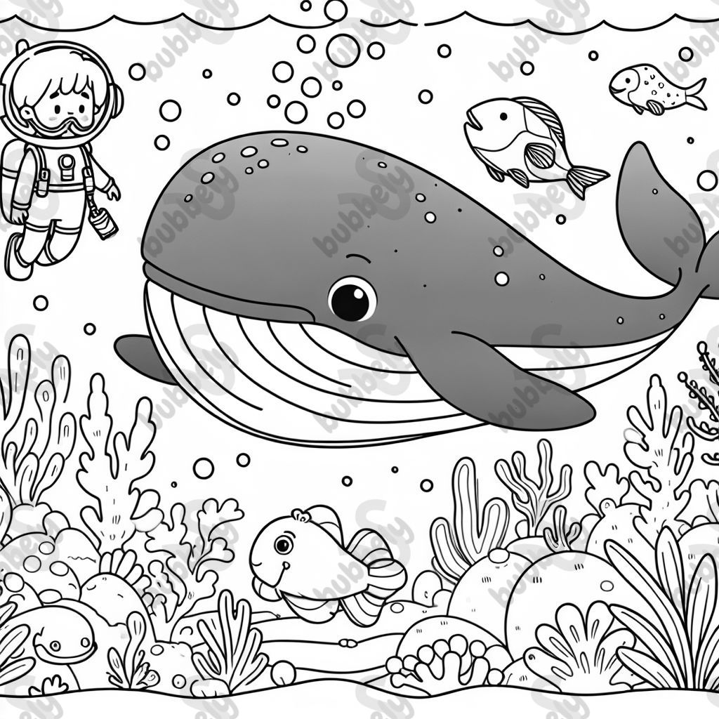 Una ballena azul y un buzo en un hermoso mundo submarino. Una ballena azul y un buzo en un hermoso mundo submarino.