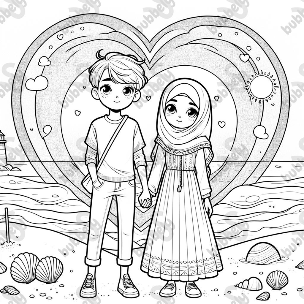 Relistic art with heart around two teenagers at the beach Holding hands