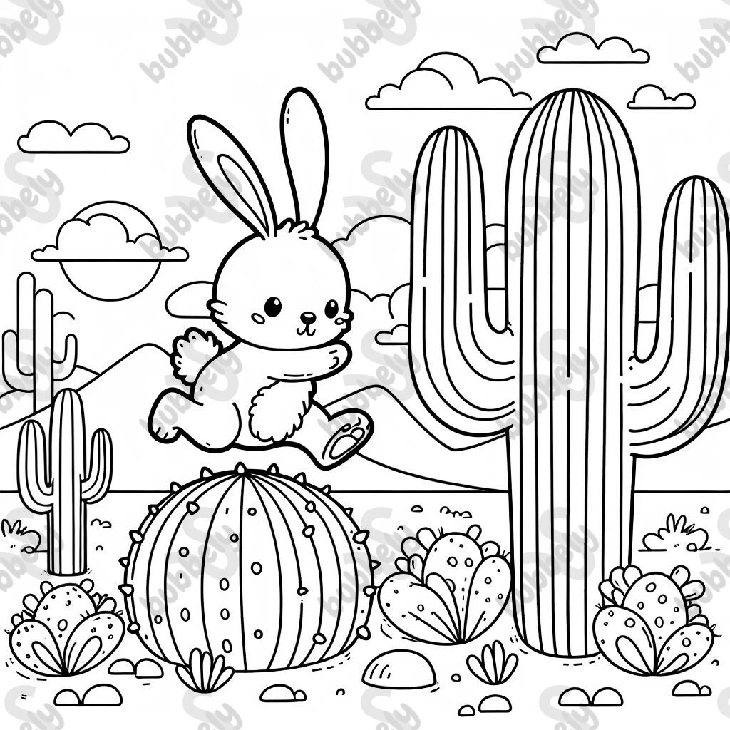 Un conejo en el desierto saltando sobre un cactus. Un conejo en el desierto saltando sobre un cactus.