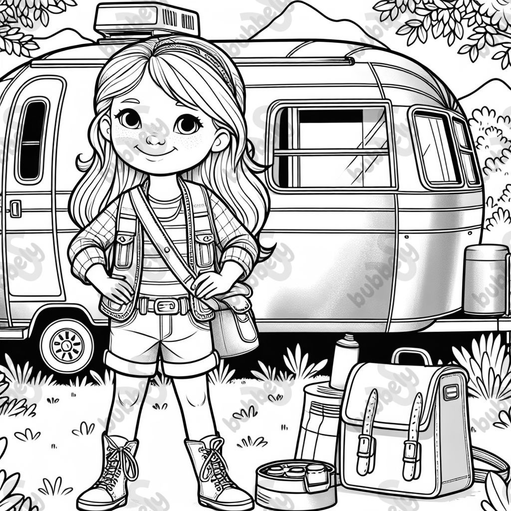 a 4 year old girl with long blonde hair is wearing camping clothing and standing in front of an airstream trailer
