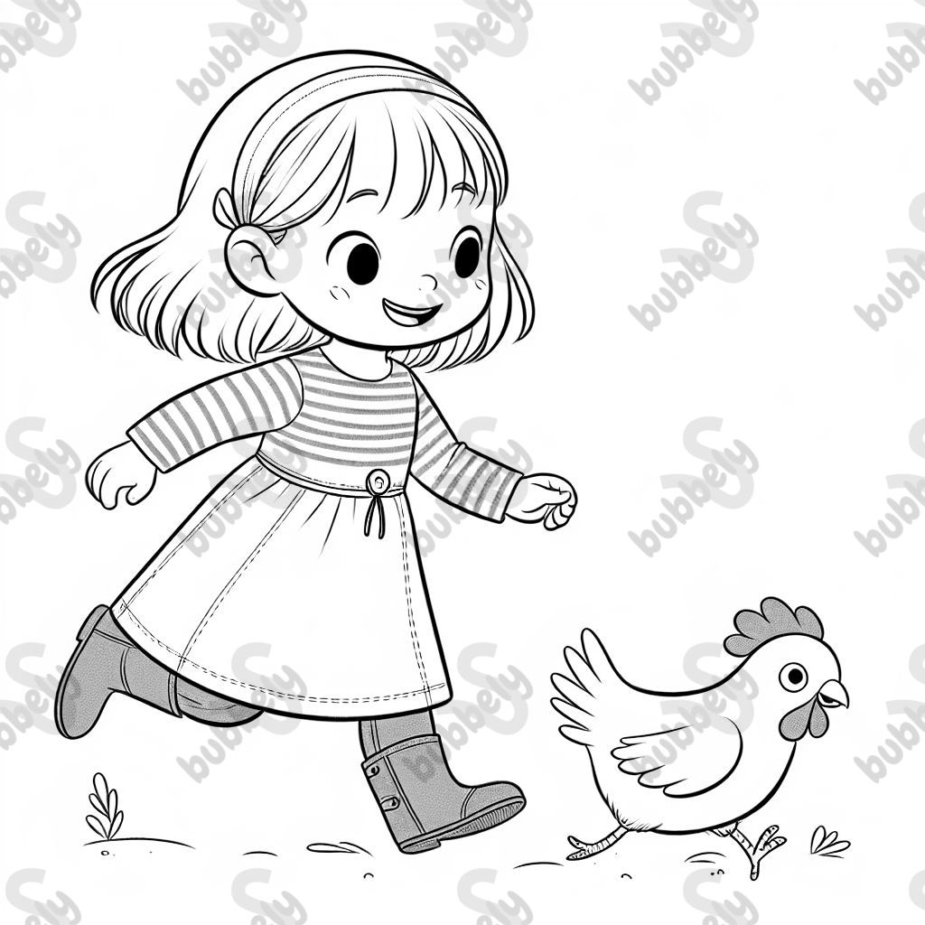 a girl wearing a breton shirt with a chambray dress over it chaing a chicken. she has medium length brown har and is smiling a girl wearing a breton shirt with a chambray dress over it chaing a chicken. she has medium length brown har and is smiling